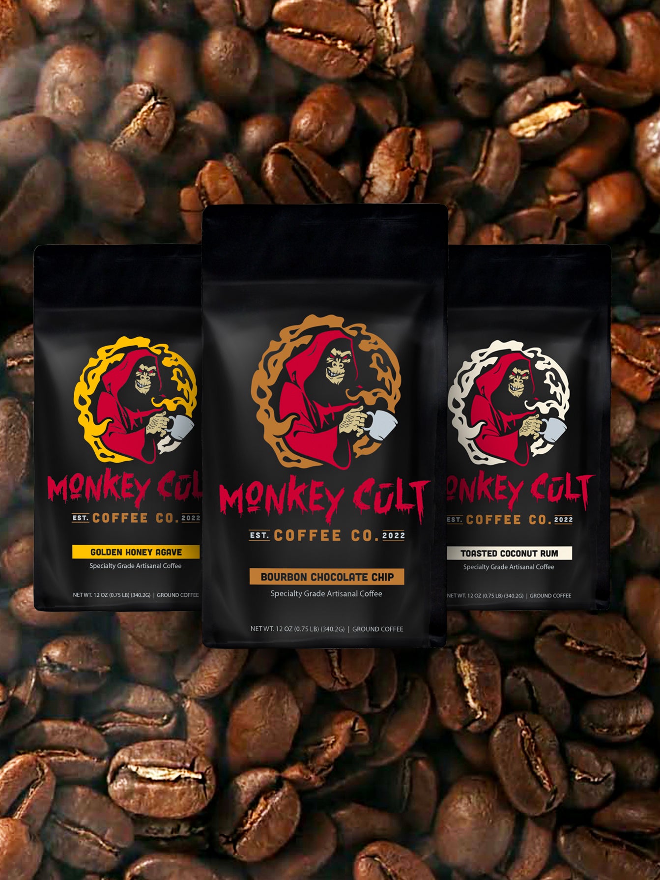coffee cult or koffee kult flavored ground 12oz bags of boozy inspired beans
