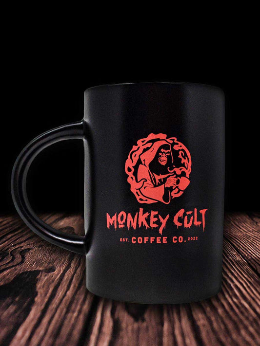 join the cult matte black coffee mug with red interior and logo