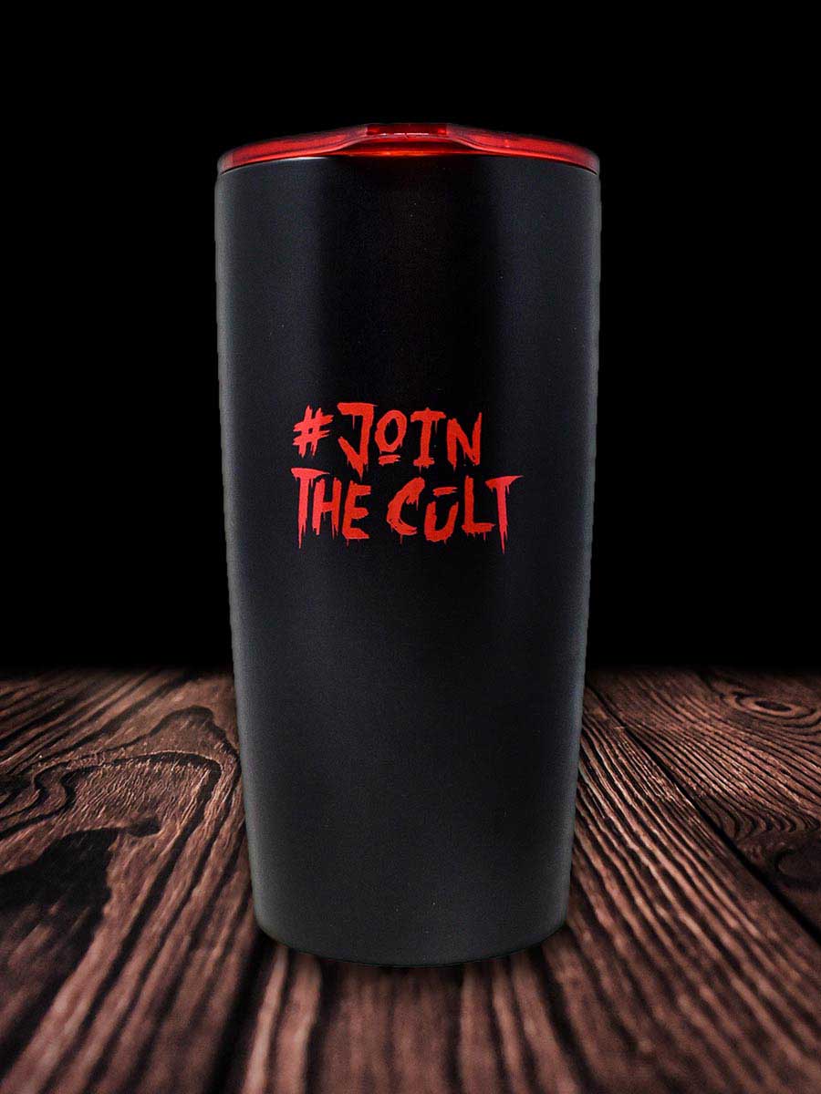 monkey cult coffee matte black coffee tumbler red lid join the cult 